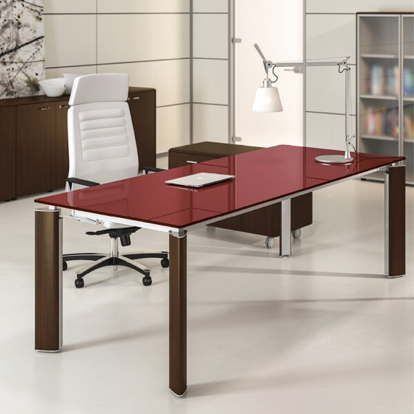 FILL EVO 11 exklusive Design Büroeinrichtung mit Glas-Schreibtisch und Holzfußgestell, zweifarbig für Chefzimmer, Vorstand oder Ärzte
