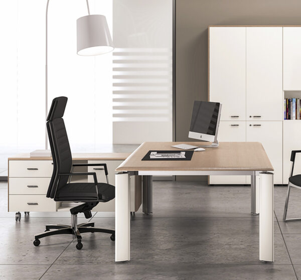 FILL EVO 14 Chefzimmer komplett mit Schreibtisch, Meetingtisch Kombination, zweifarbig in Sandlärche, weiss, Arzt-Schreibtisch