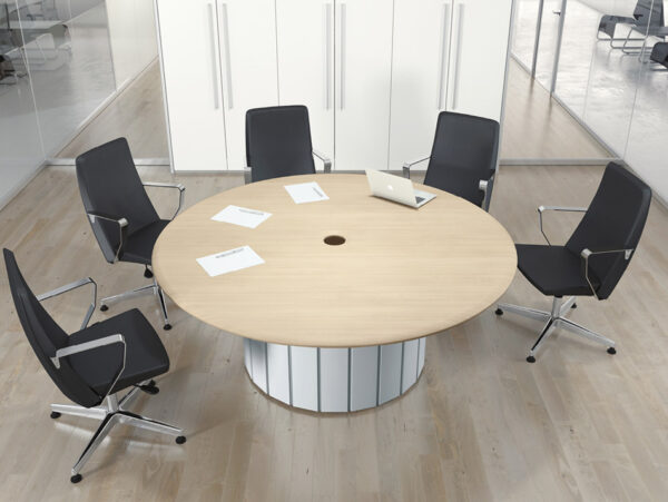 Format 09 exklusiv runder Büro-Meetingtisch in Ahorn und weiß, massives Design