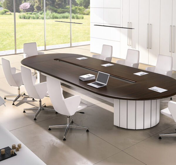 Format 10 exklusiv Konferenztisch mit abgerundeten Kanten, Büro-Meetingtisch in Wenge und weiß, massives Design