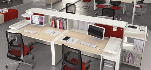 LOGIC 07 Team Schreibtisch mit Sichtschutz, Ablagen, zweifarbig, Stauraum Lösungen