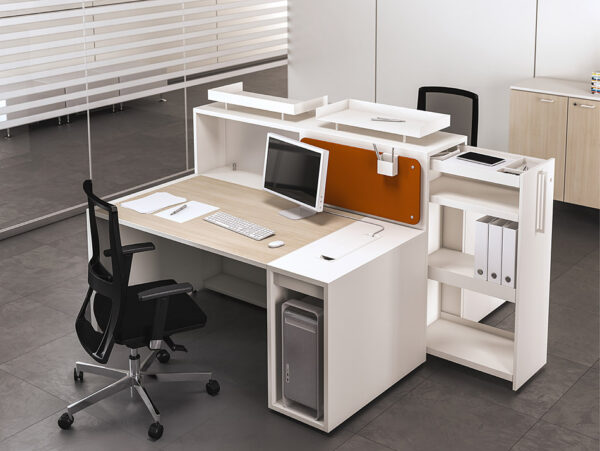 LOGIC 10 kompakter, genial logischer Arbeitsplatz, Schreibtisch mit Stauraum und Sichtschutz,  Ablagen-Container