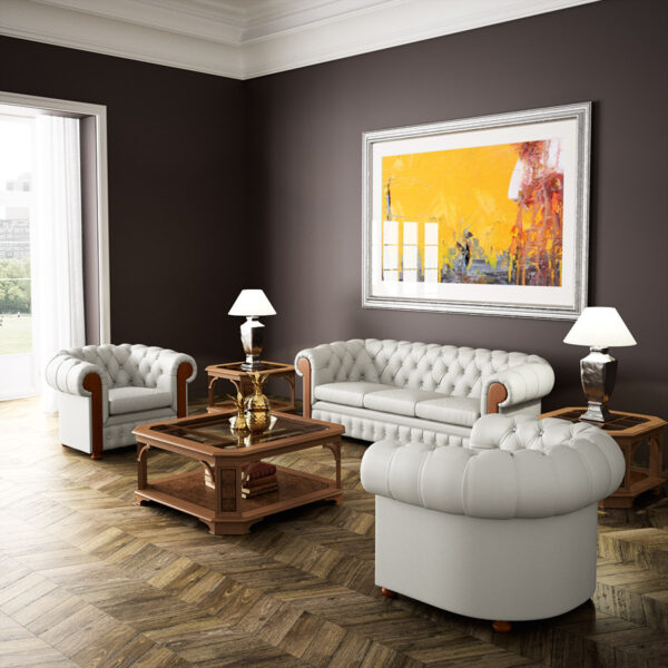 art&moble  12  Büro Chefzimmer Lounge mit Leder-Sessel und Couchtisch, klassisch elegantes Design, Wurzelholz