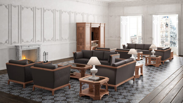 art&moble  20a  Loungebereich mit Sessel, Ledresofa in Nuss mit Wurzelholz, sowie passende Couchtische, Kaffeetische
