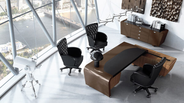 Vanity  03 Design Schreibtisch, modern Hochglanz lackiert, Winkel Chefschreibtisch mit Lederauflage und Anbau Container in Nuss, Office Sideboard individuell anpassbar auf Kundenwunsch