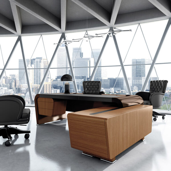 Vanity  04  Design Büromöbel Eckschreibtisch modern Hochglanz lackiert, Tischplatte teilgeldert, Winkel Chefschreibtisch mit Servicecontainer in Nuss