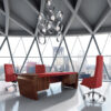 Vanity  08  exklusiver Chefschreibtisch modisches Designstück mit runden Schreibtischwangen, Holzfurnier in Ebenholz, Ledereinlage rot, Hängeschubladen, elegante Ästhetik