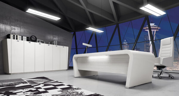 Vanity  12  Trendbüro, Designmöbel Chef-Schreibtisch ganz in Hochglanz weiß, eleganter Schreibtisch mit Beleuchtung, das Highboard im passenden Design