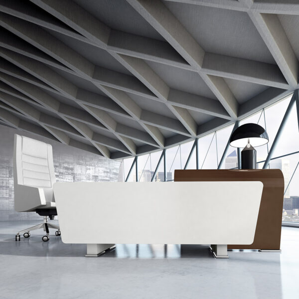 Vanity  20  Chefschreibtisch, modern elegante Formen, Eckcontainer in Hochglanz weiß, ästhetische Tischanbau Lösung