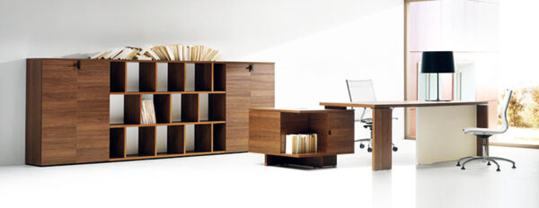10 Chefbüro, Schreibtisch mit originellen Stauraum Container - modular , preiswerter Aktenschrank und Regalsystem, Nussbaum - Lithos