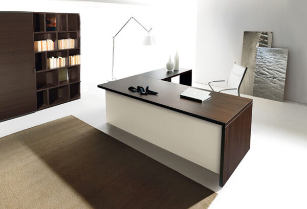 13 exklusives Chefbüro mit Schreibtisch zweifarbig Eiche Dunkel - Elfenbein, originelles Design Regal mit Schiebtüre - Lithos - modern, preiswert