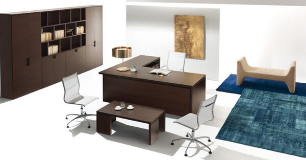 14 Design Chefbüro, Schreibtisch in Eiche dunkel, modularer Schrank und Ordner-Regalsystem - Lithos - modern, preiswert