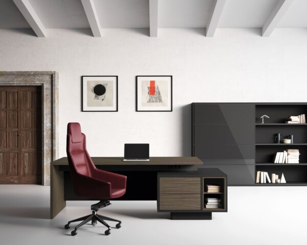 ELITE 03 Designer Schreibtisch mit integriertem Schubladencontainer und Kabelführung in Dekor Pappel dunkel, Monolith-Schrank mit Glasschiebtueren in London grau, die Struktur in schwarz (L: 245,1 x T:47,7 x H:127 cm)