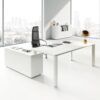 Iulio 001 - Design Schreibtisch Chefbüro mit Winkelanbau-Container mit Schiebetür, Tischgrößen 180, 200, 218 cm erhältlich, Edelstahlziehrleiste, Tischdekor Weiß-mattiert, passender Stauraum oder Chefstühle optional