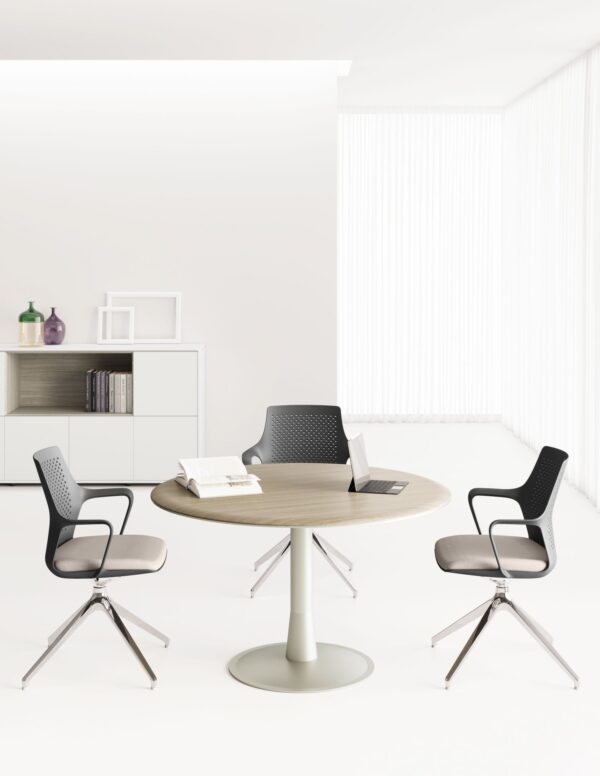 Iulio 007 kleiner Meetingtisch, rund Ø120cm mit Tellerfuß, Besprechungstisch im Dekor Ulme grau, Edelstahl-Tischbein, exklusiv, modern
