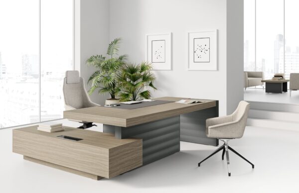 Jera 001- exklusiv, moderne Chefzimmereinrichtung, Schreibtisch mit Anbaucontainer sowie passnde Stühle und Loungmöbel erhältlich, Holzfarbe Ulme, Leder Tischgestell anthrazit