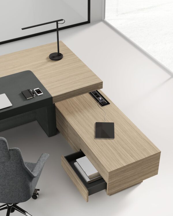 Jera - 007 Schreibtischcontainer modernes Design, Serviceboard massiv mit Softclose Schubladen, push-open und otionaler Multimedia-Steckerleiste und USB-Charger, Ulme-grau