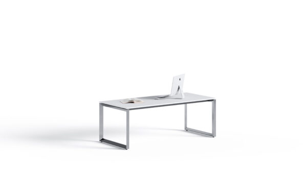 5th-Element Chefschreibtisch filligran, Design Tischfuß Aluminium poliert, Tischplatte Weiß