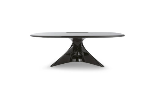 Designer Schreibtisch ZERO, einzigartige Kollektion, Farben individualisierbar, Hochglanz schwarz lackiert, futuristisch und modern, mit Kabeldurchführung im Fuß