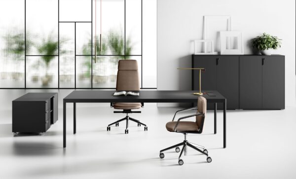 Design Schreibtisch Fil-Rouge, Aluminium Tischgestell Mattschwarz, abgerundete Tischkanten, Büroschreibtisch minimalistisches Design und robust