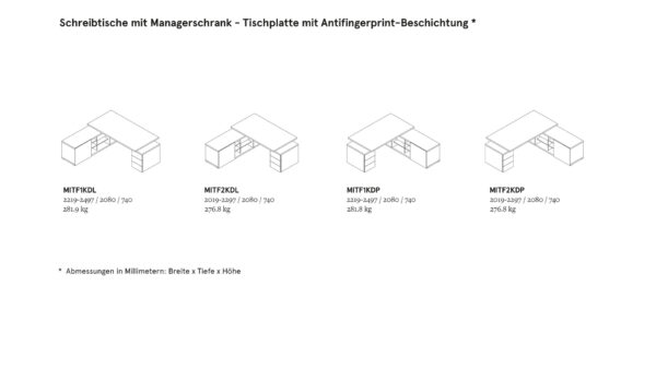 Mito - Winkelschreibtisch mit Fenix "no fingerprint" und Schubladencontainer - Abmessungen und Ausführungen