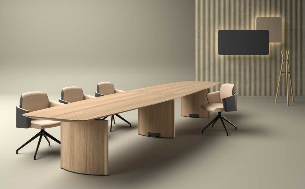 Eleva_09 Chefzimmer Konferenztisch modular konfigurierbar, Ausführungen von L360-440cm x T120cm x H75cm, Dekor Eiche Furnier, optional Kabeldurchführung mittig oder Steckdosenleiste, USB-Charger