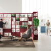 Cubo-05 _ modular bookshelf shared-office, Bürofläche effektiv nutzen, als Regal-Raumteiler, mit integriebarem whiteboard, plantboxes, Farbvariante Granade-Red