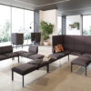 Divo_38 schlichtes Design Sofa passend für Hotel Lobby, als Loungesofa ideal jeden Empfangsbereich anzugleichen, optional auch mit Schallschutz, Sichtschutz für die Ruhezone geeignet, Sitzbank mit Stoffbezug Abb. Braun, Gestell Schwarz oder Weiß