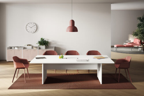 Delta_19 - günstiger Büro Meetingtisch, Dekor Weiss, Wangengestell, Kabelklappe mittig, Länge 210 o. 260cm erhältlich