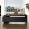 Elite 09 Chefzimmer mit Schreibtisch in dunkler Pappel, schwarzen Designelementen und Monolith Aktenschrank mit Soft-Close-Funktion für moderne Managementbüros