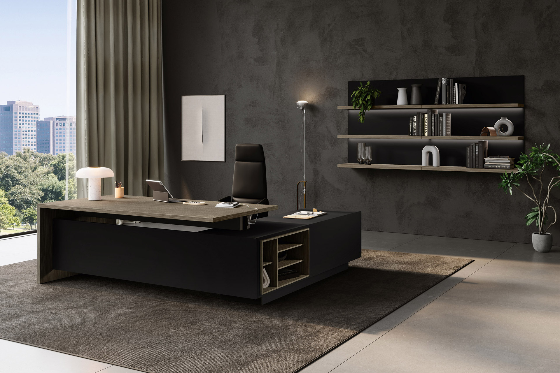 Elite _30 Chefzimmer mit Winkelschreibtisch, modularem Designregal und moderner Kombination aus Pappel Hell und Schwarz