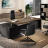 Elite_36 Chefbüro mit geschlossenem Schreibtisch, Wandcontainer-Regal, Highboard - Schiebetürenschrank in Pappel Dunkel für moderne Management- und Executive-Büros