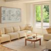 Linka 02 - Viersitzer-Sofa mit Polsterhockern und Couchtisch aus natürlicher Eiche in einer modernen Sitzgruppe.